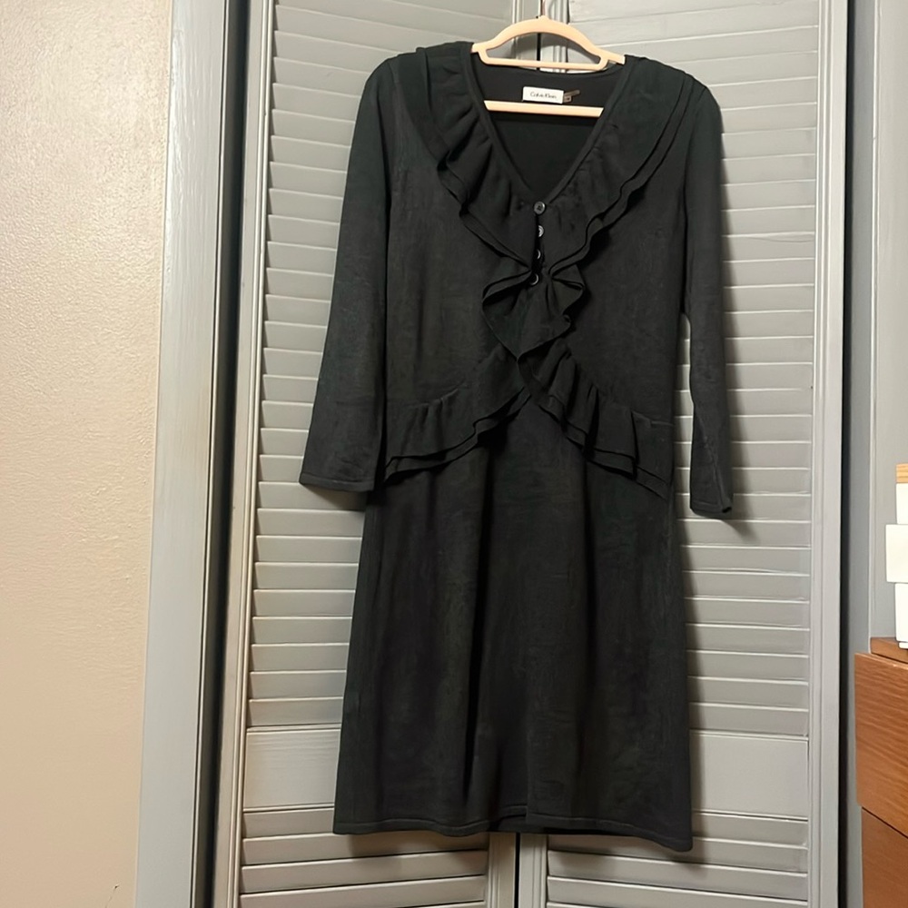 Calvin Klein Charcoal Grey Waterfall Ruffle Sweater Dress, 3/4 Sleeves, Sz M